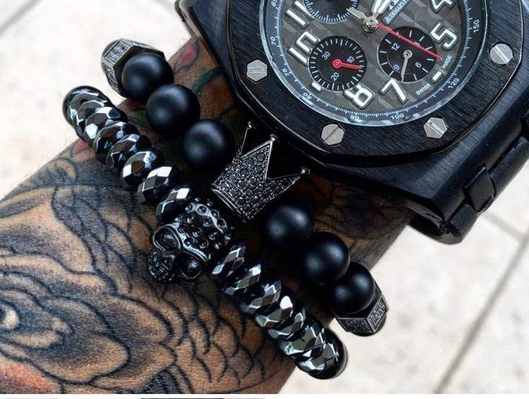 Black Titanium Steel Skull and Metal Crown Bracelet - DiyosWorld