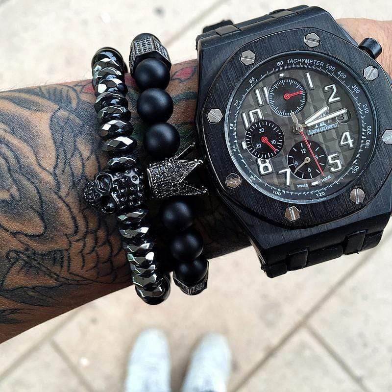 Black Titanium Steel Skull and Metal Crown Bracelet - DiyosWorld