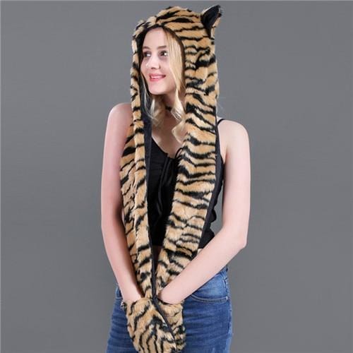 Skullies & Beanies Animal Printed Faux Fur 3 in 1 Scarf Yellow Tiger - DiyosWorld