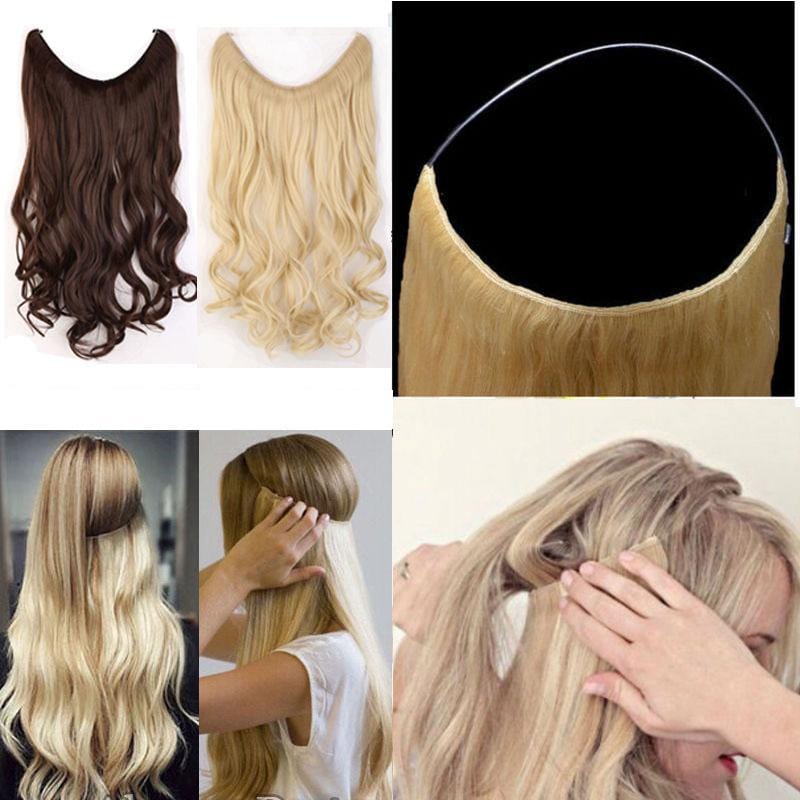 Synthetic Clip-in One Piece 20 inches Invisible Wire No Clips Hair Extensions - DiyosWorld